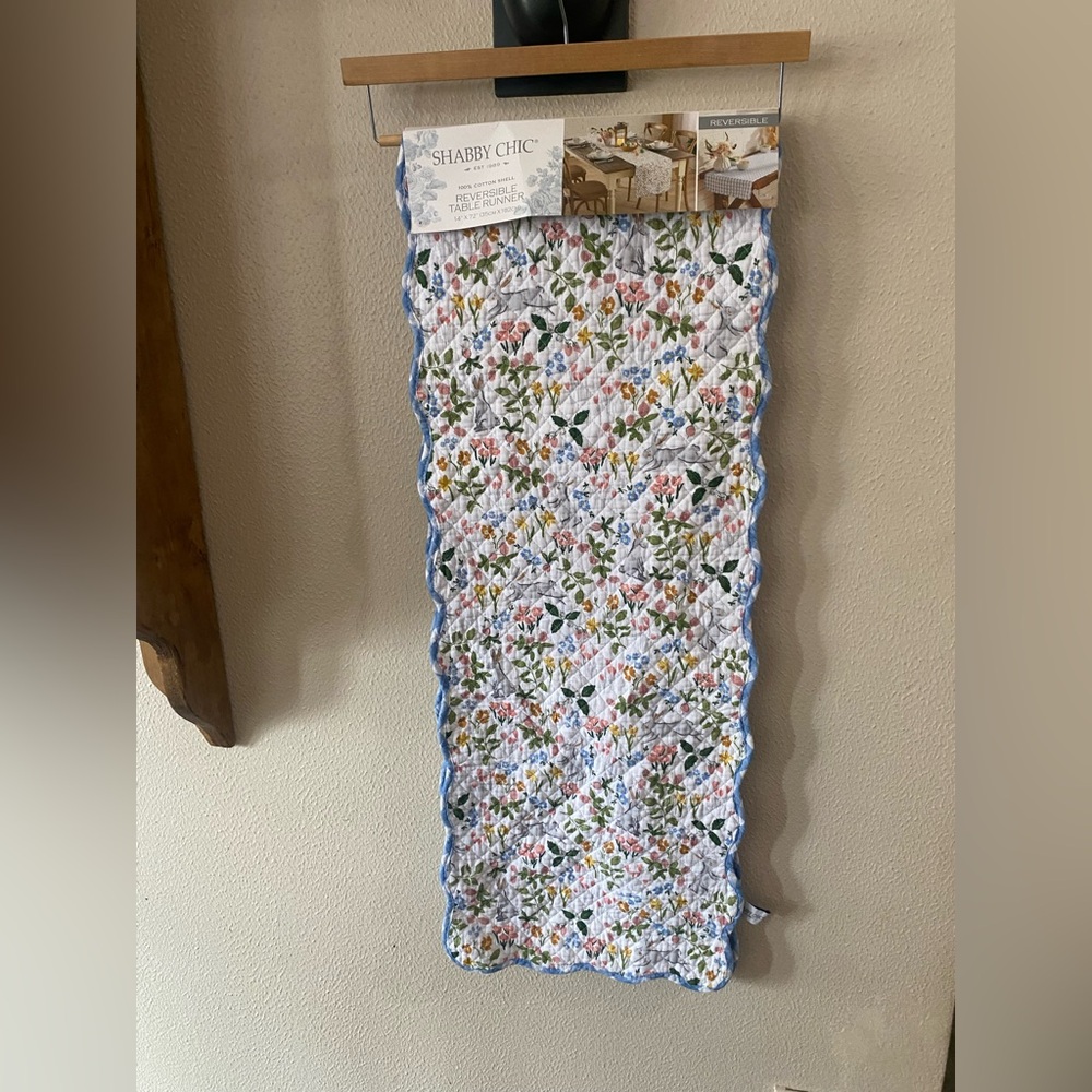 Shabby Chic Reversible Table Runner Floral Rabbit Blue Checked print - BNWT